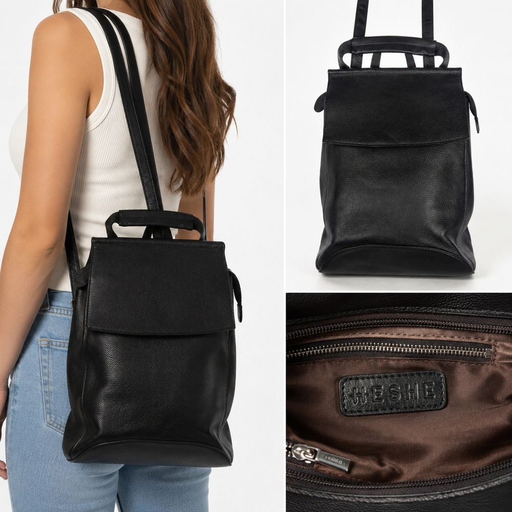 Heshe Leather Convertible Backpack Tote Black Pebbled Shoulder Bag